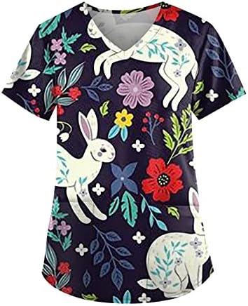 Дамски Ризи Happy Easter с Хубав Принтом Заек, Графична Работна Риза, Ежедневни Блузи с Къс Ръкав и Джобове