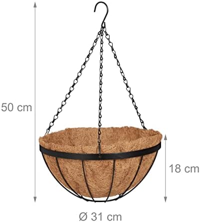 Подвесная кошница Relaxdays, Комплект от 3 теми, Кука, Подплата от кокосови влакна, В x д: 50 x 31 см, Метал, кафяво