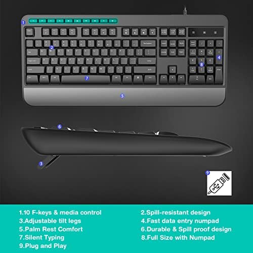 Комбинирана Жични клавиатура и мишка, в пълен размер Ергономична клавиатура-мишка, Регулируема USB клавиатура и мишка с резолюция от 3 DPI, с акцент за дланите, на тихо