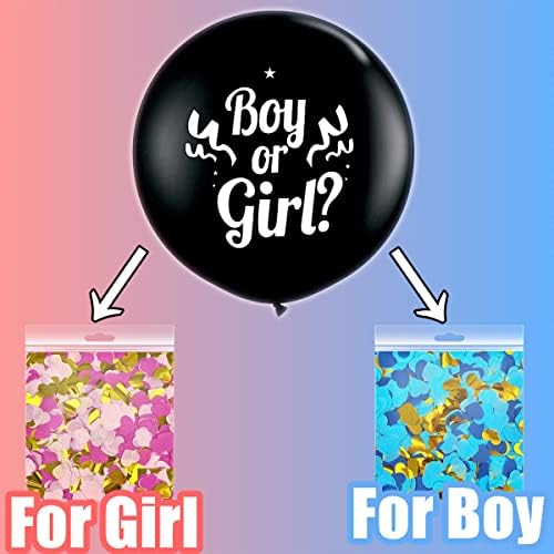 2 Парчета от 36-инчов балон голям размер, раскрывающего пол, черни балони с принтом момче или момиче, розово и синьо конфети във формата на сърца.Детски душ Пол Разкри