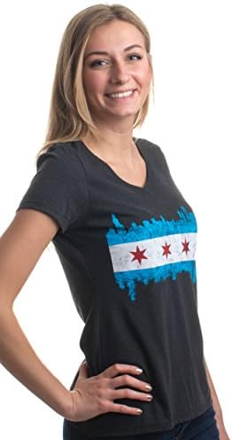 На хоризонта се с флага на град Чикаго | Реколта Женска Тениска с V-Образно деколте в Ретро стил Triblend