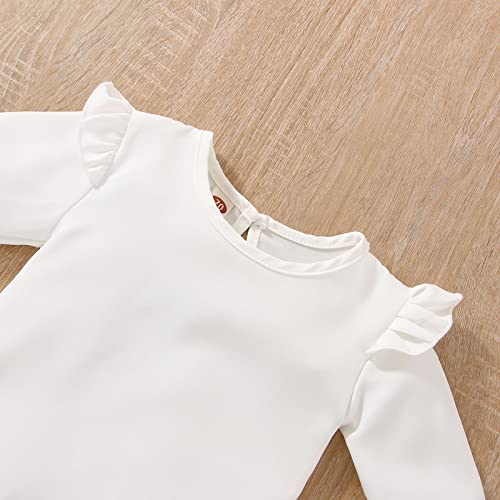 Есенни блузи с дълъг ръкав и набори за новородени момичета, пуловер, панталони на подтяжках, ленти за коса (бели, 18-24 месеца)