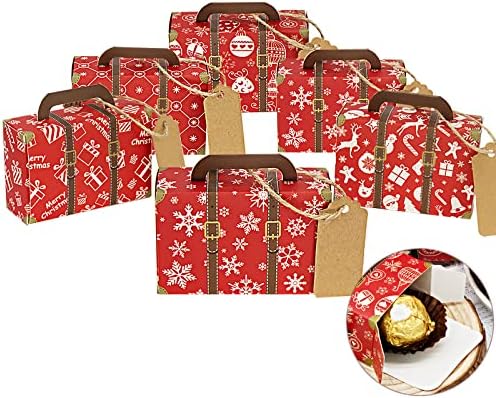 QVMKWL Коледен Червено Мини Куфар, Кутия за подаръци, 50 бр. Кутии от крафт-хартия за бонбони, с бирками и с връв от Зебло за Коледно и Празнично парти