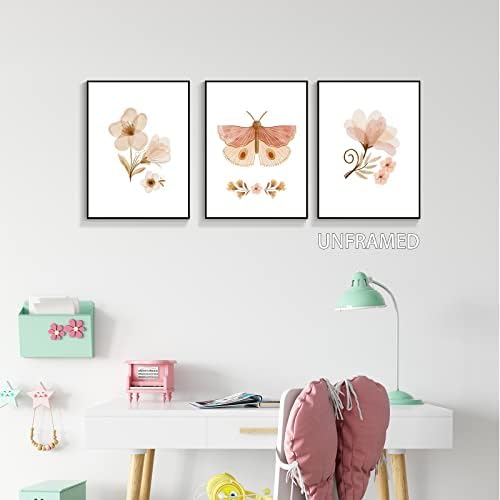 Комплект от 3 Бохо на Пролетните Цветни Пеперуди Платно Стенно Изкуство Реколта Акварели Естетически Плакати с Ботаническата